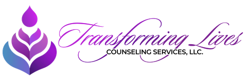 The logo for transforming lives counseling services is purple and black.