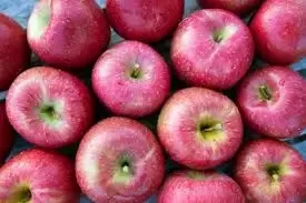 A cluster of bright red, round apples with small stems and light water droplets on their skins.