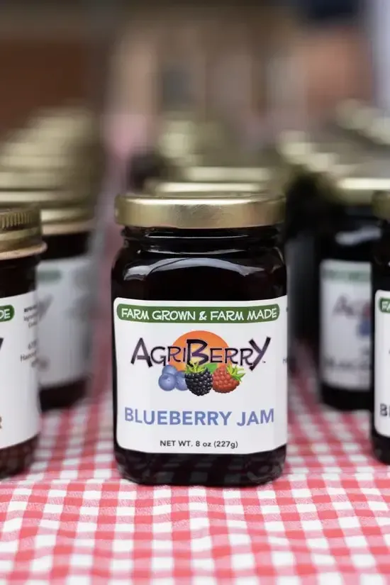 A row of AgriBerry Blueberry Jam jars with gold lids sitting on a red and white checkered tablecloth.