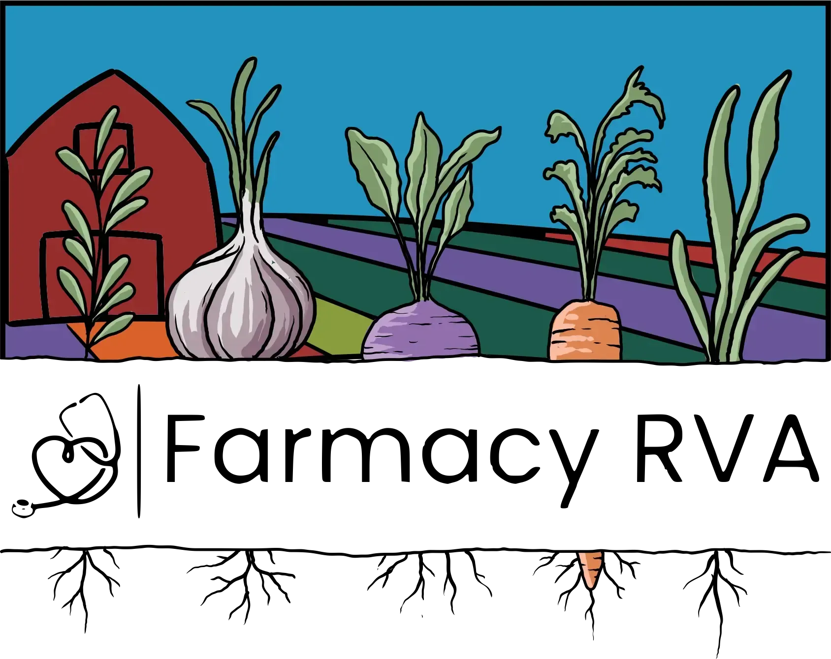 Farmacy RVA logo: a barn and produce over a stethoscope-shaped heart, with roots and text below.
