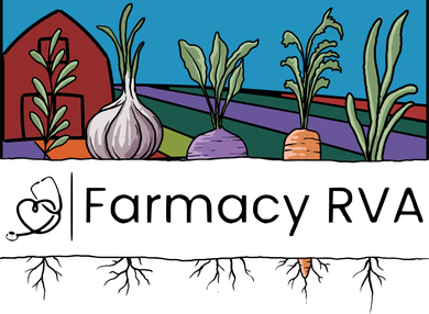 Logo for Farmacy RVA featuring a barn, garden vegetables, and a heart-shaped stethoscope on a white background.