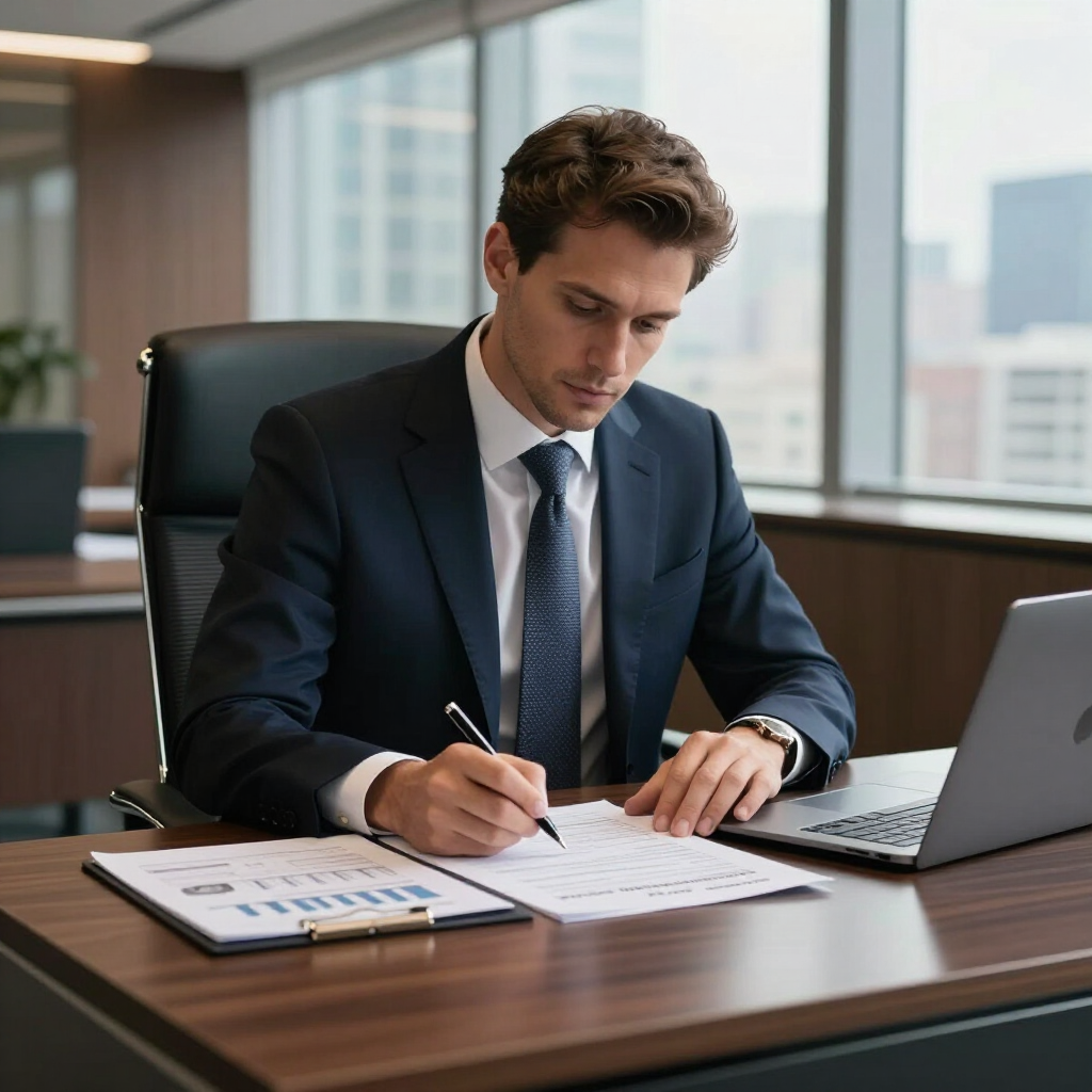 Businessman writing at a desk in an office beside a laptop and charts