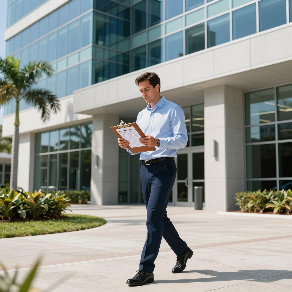 Man in a blue shirt walks outside a modern office building while reading a clipboard.
