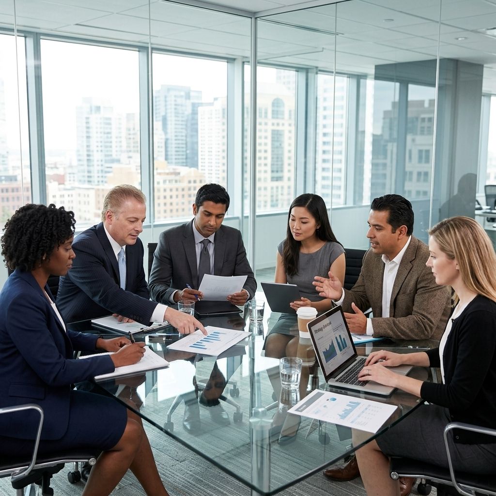 Business meeting in a modern conference room with charts and laptops on a glass table.