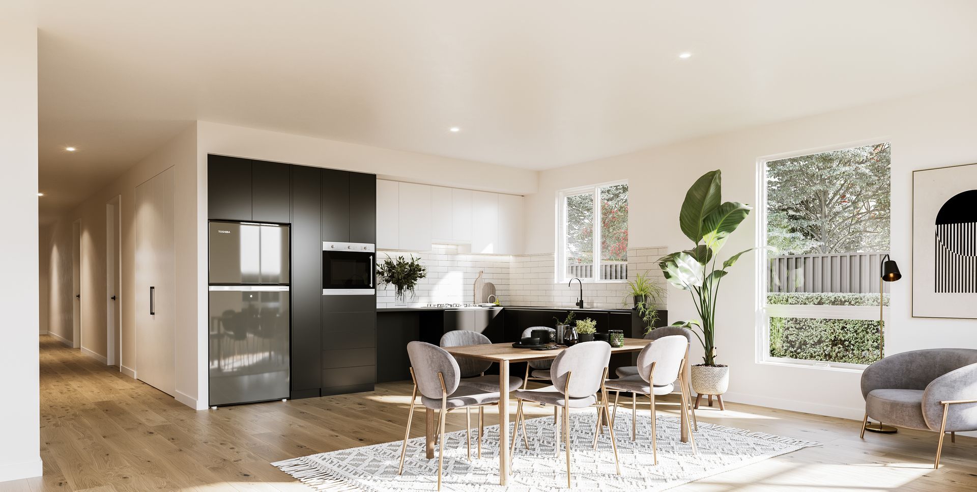An artist 's impression of a living room and dining room in a house.