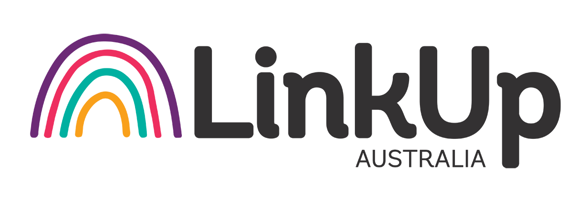 The logo for linkup australia has a rainbow on it.