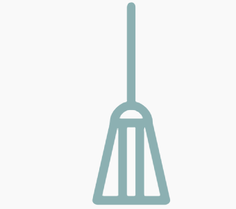 Blue outline of a broom, with a long handle and a wide, rectangular head with vertical lines.