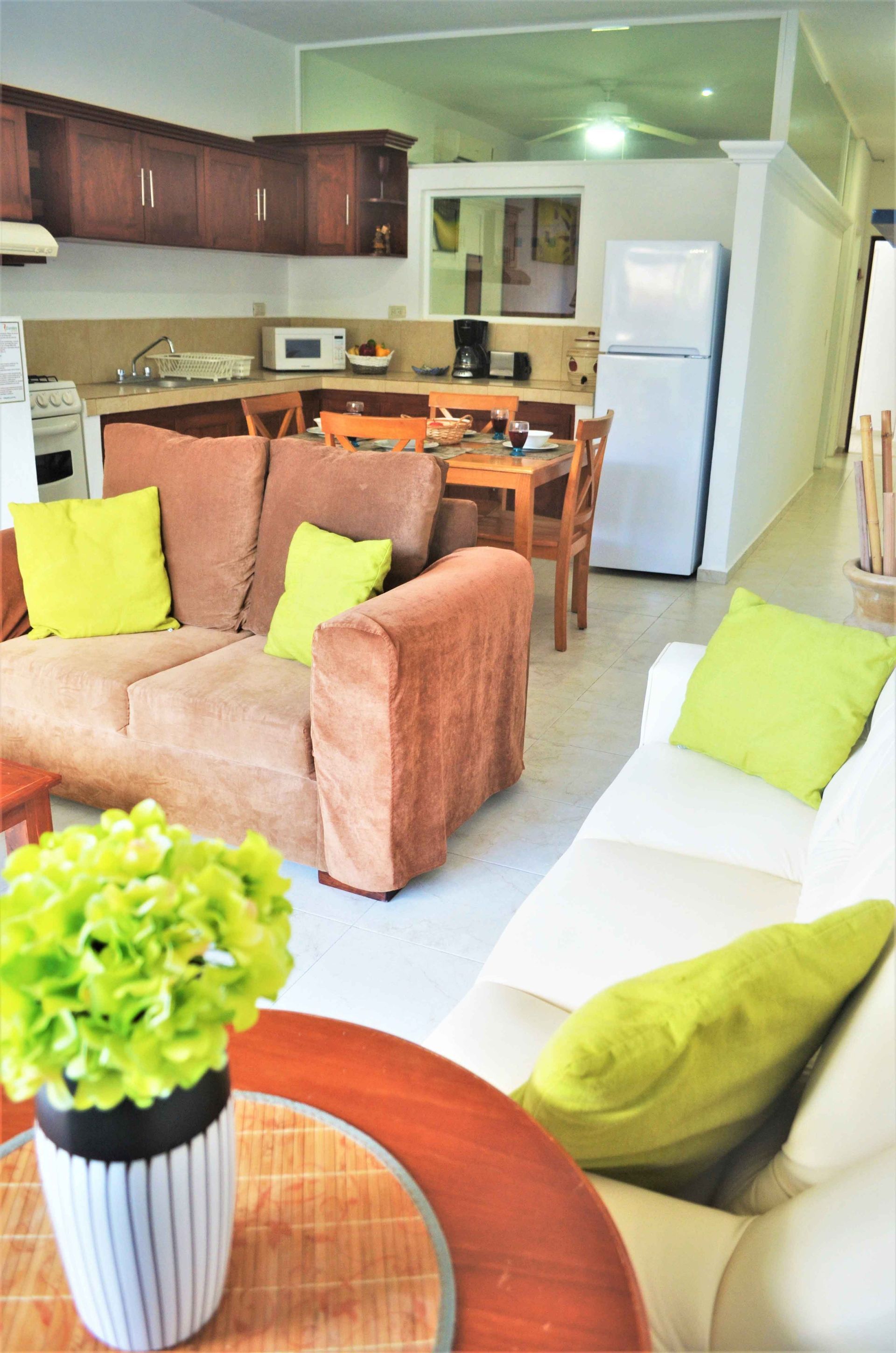 Living room with couches, kitchen in the background, light green accents, and wooden table.