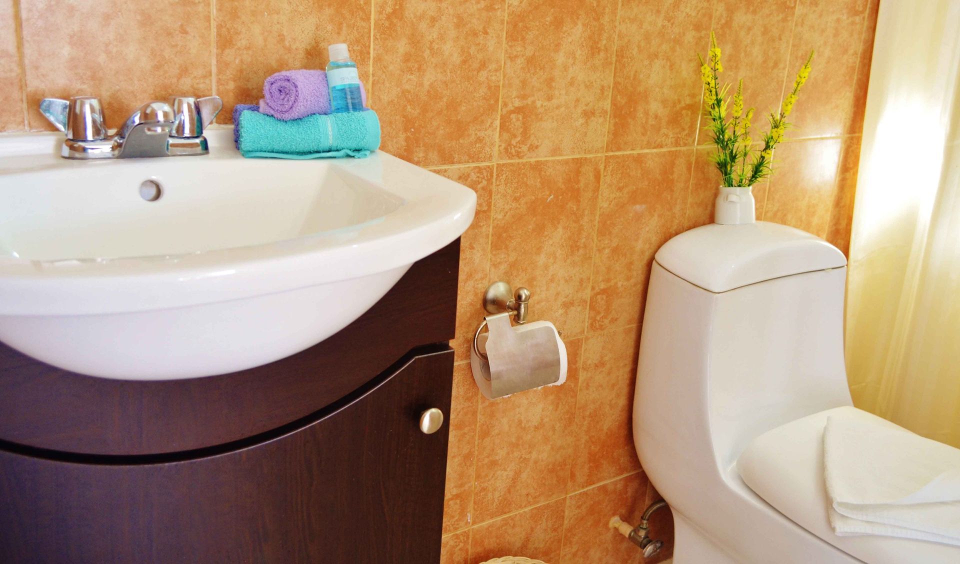Baño con lavabo blanco, armario oscuro e inodoro. Se ven paredes alicatadas de color naranja, toallas y un jarrón con flores.