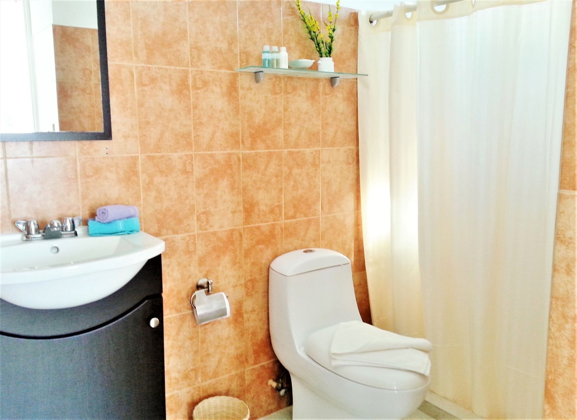 Baño con paredes alicatadas de color naranja, lavabo, inodoro y cortina de ducha.