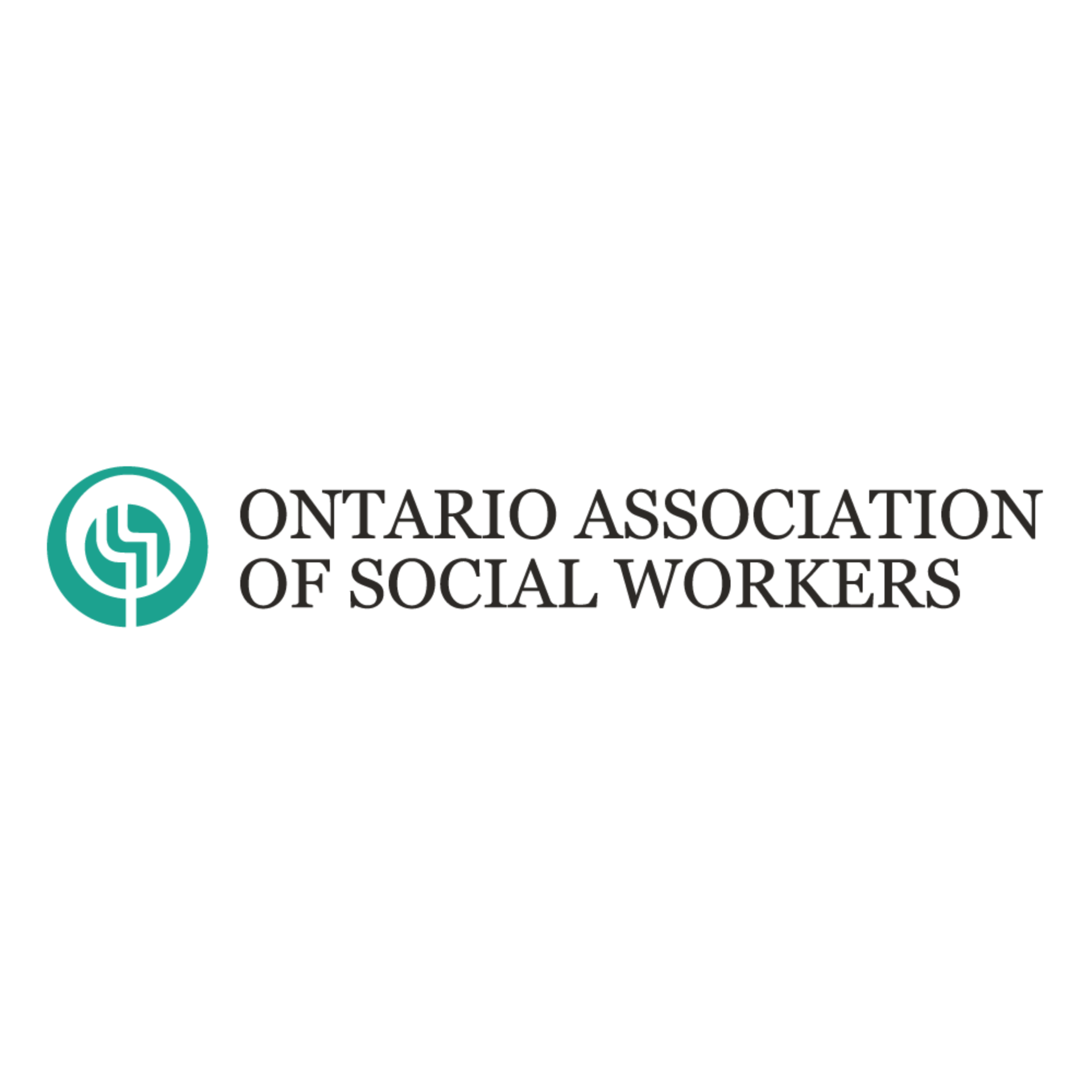 Ontario Association of Social Workers logo with teal circular emblem and black text on white background