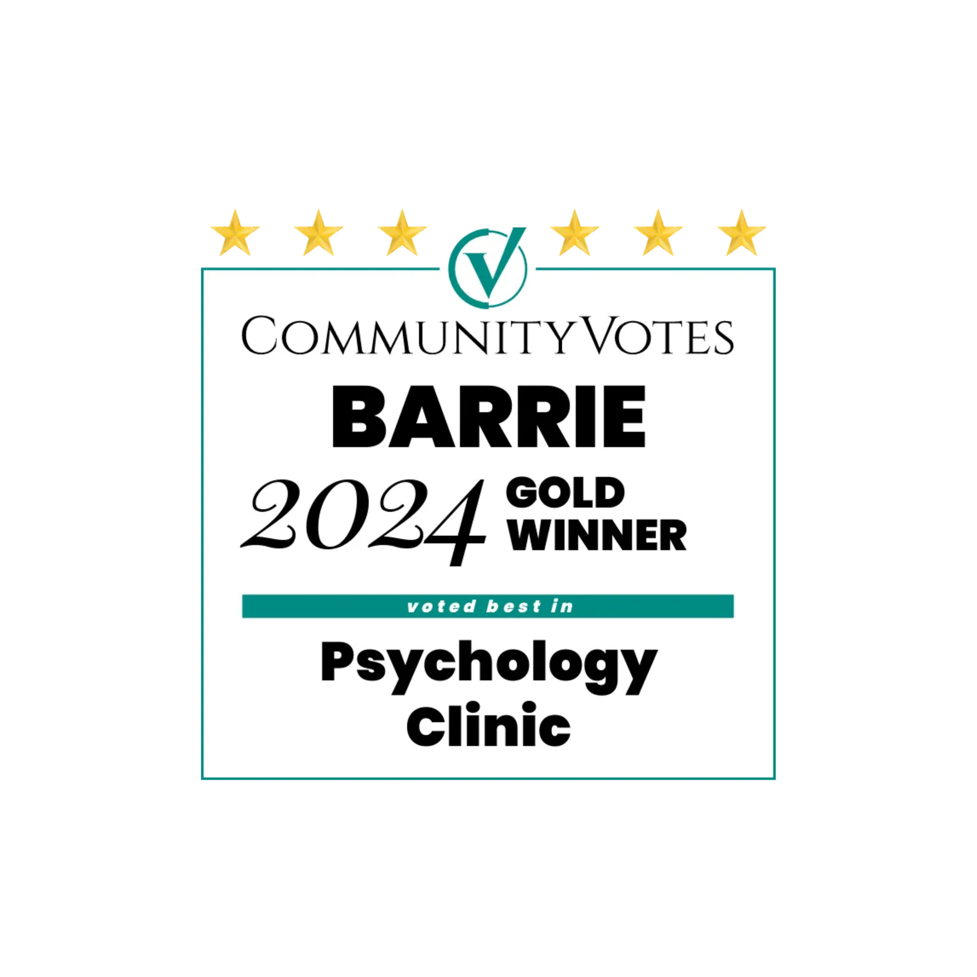 Community Votes Barrie 2024 Gold Winner: Psychology Clinic badge with stars and teal accents