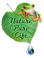 Green leaf with “Nature Pure Life” text, a frog on top, and a water droplet hanging below