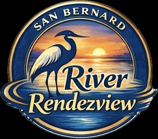 San Bernard River Rendezview logo with heron, sunset, and water in blue and gold