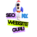 Rocket above colorful text reading “SEO MY WEBSITE GURU” on a white background