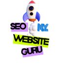 Rocket above colorful text reading “SEO MY WEBSITE GURU” on a white background