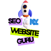 Rocket above bold text “SEO MY WEBSITE GURU” in black, blue, lime, and purple on white background