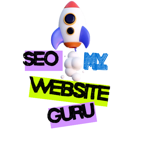 Rocket above bold text “SEO MY WEBSITE GURU” in black, blue, lime, and purple on white background