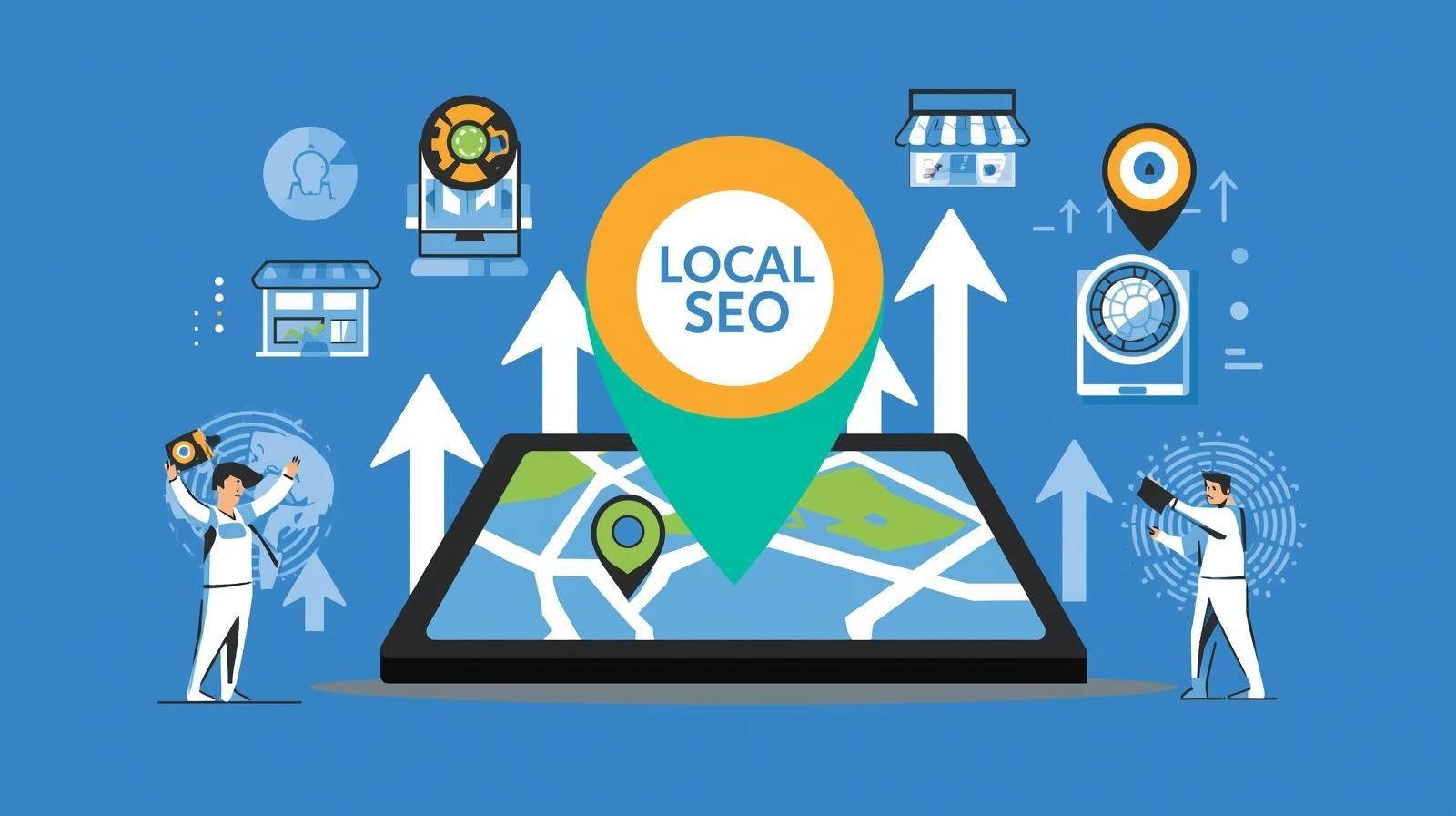 Local SEO concept with smartphone map, location pins, icons, and two people on a blue background