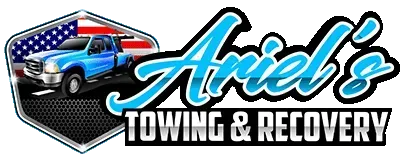 Ariel’s Towing & Recovery logo with a blue tow truck over a red, white, and blue shield