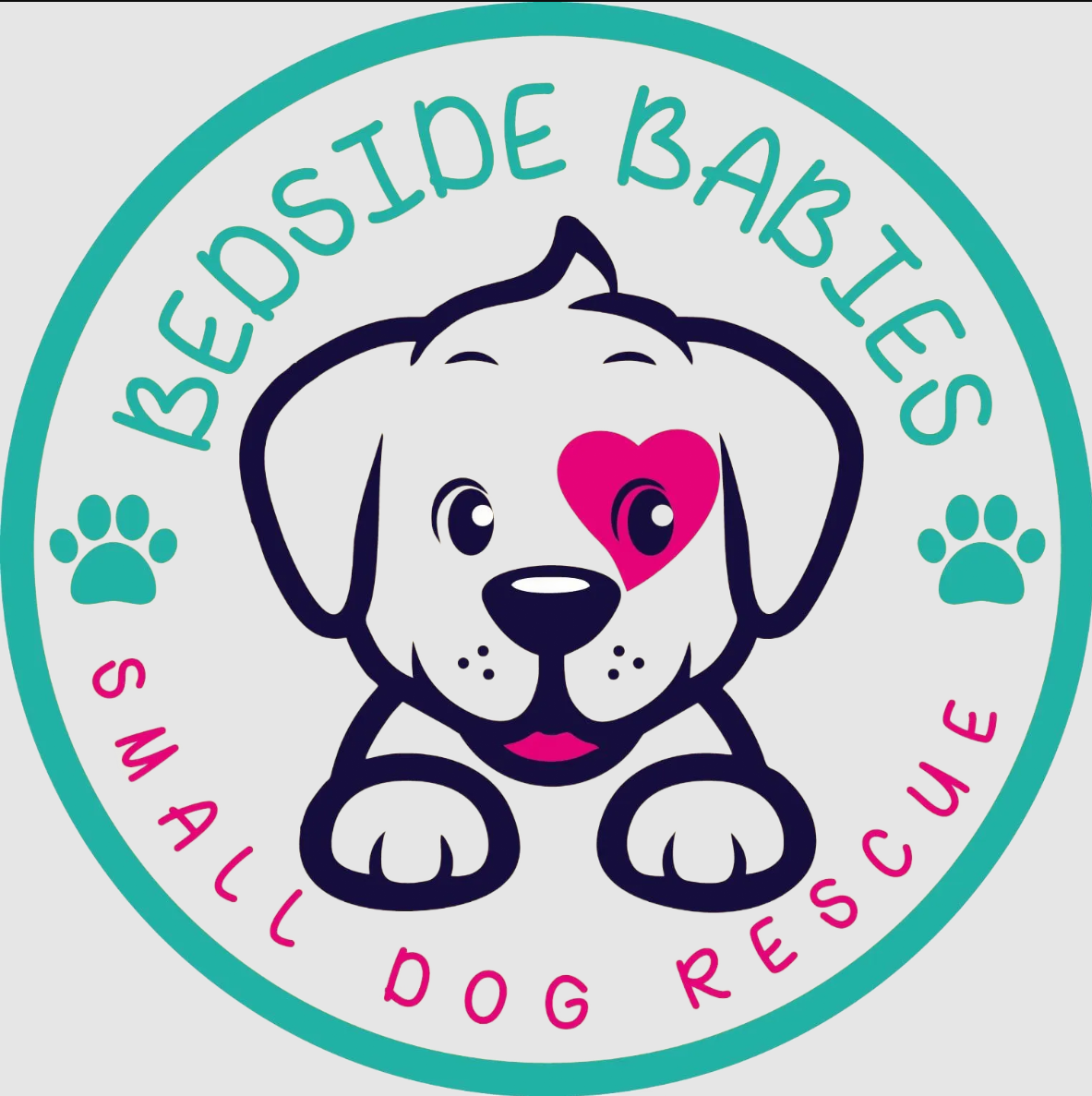 Logo for Bedside Babies Small Dog Rescue featuring a cartoon puppy with a pink eye patch and teal paw prints
