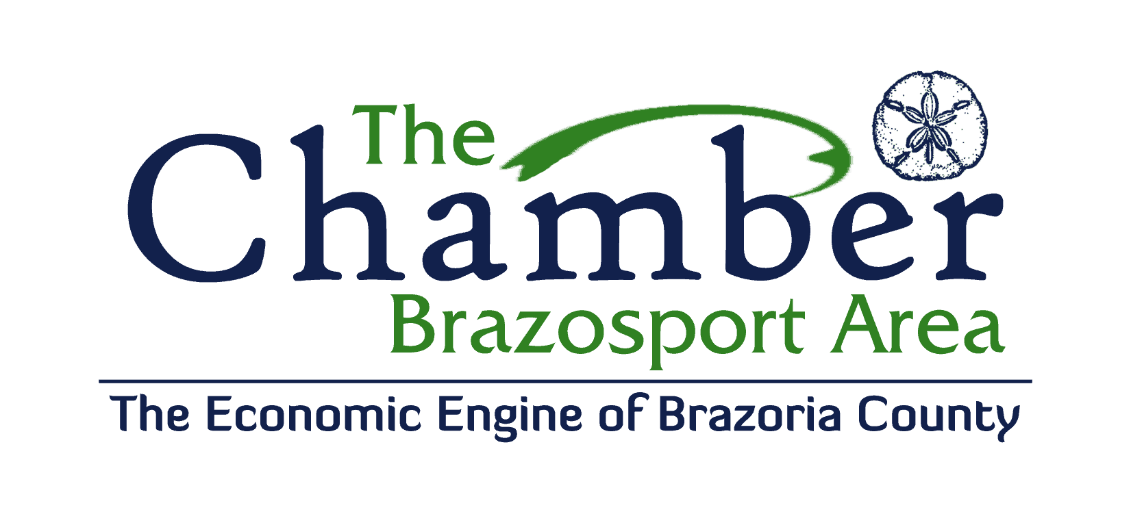 The Chamber Brazosport Area logo with blue and green text and a globe icon, tagline: The Economic Engine of Brazoria County