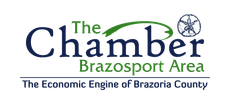 The Chamber Brazosport Area logo with blue and green text and a globe icon, tagline: The Economic Engine of Brazoria County