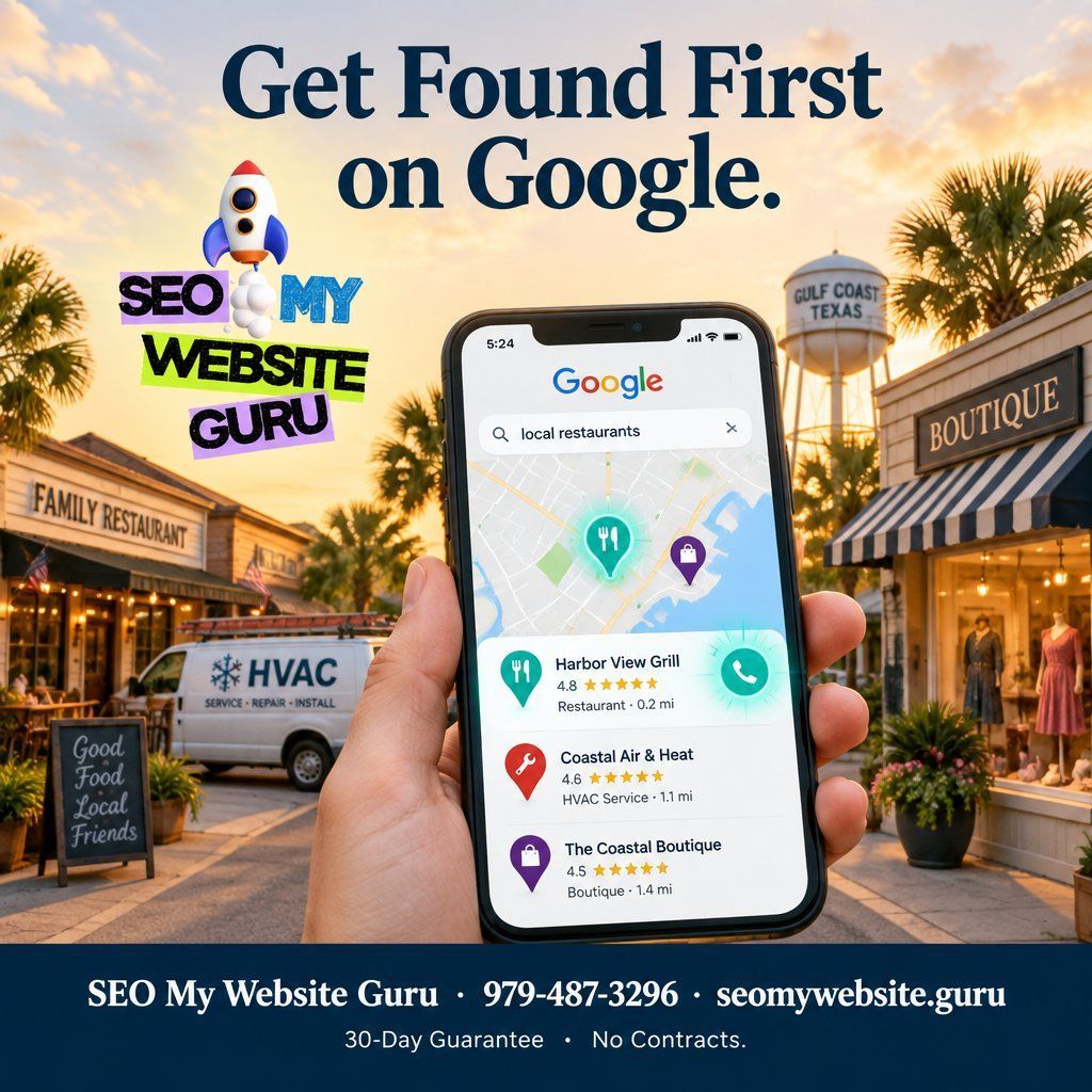 SEO ad with phone showing Google maps on a sunny Main Street, promoting “SEO My Website Guru.”