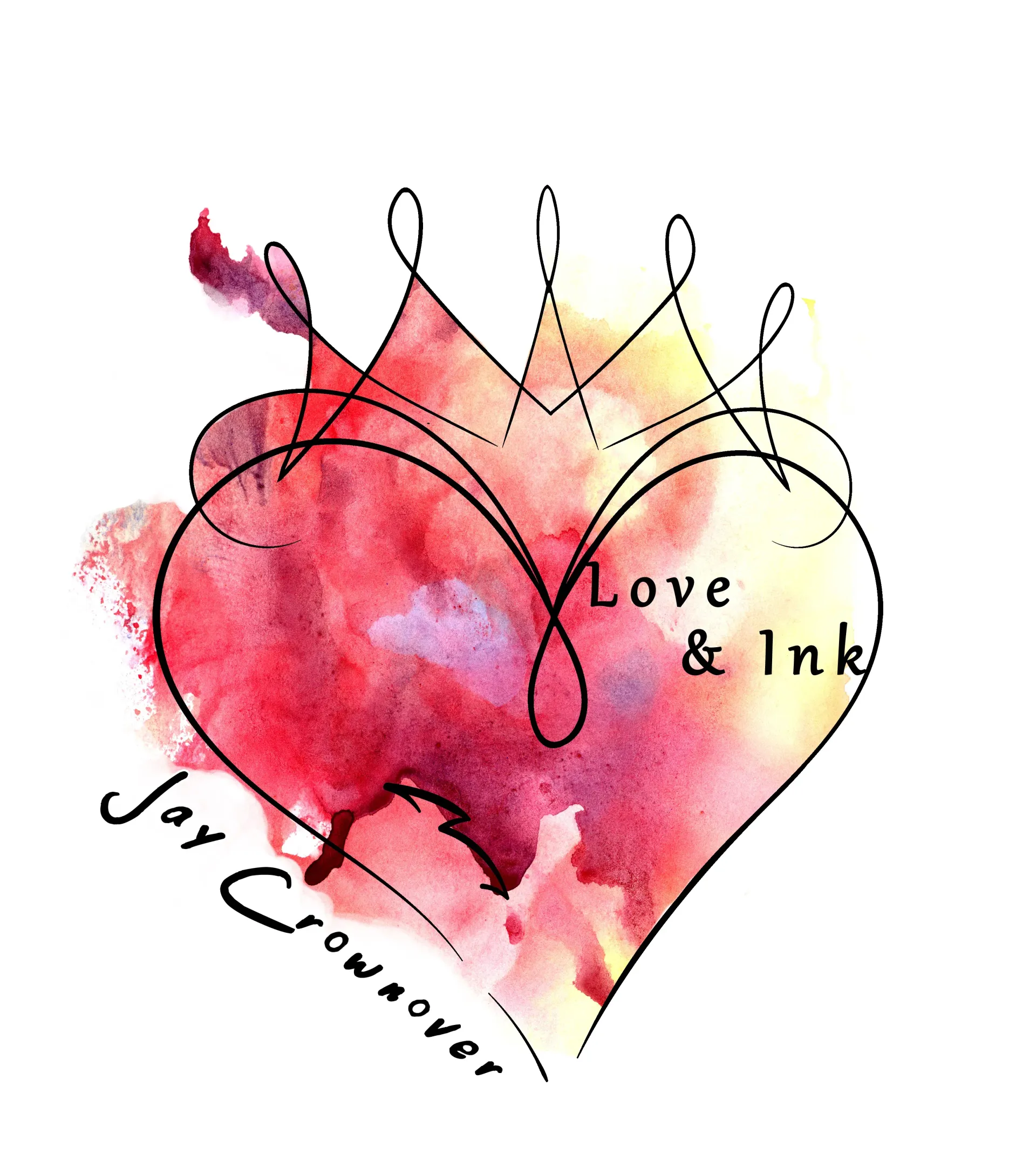 Watercolor heart logo in pink and red with black swirls, reading “Love & Ink” and “Jay Crawford”