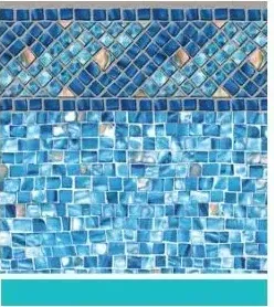 A close up of a blue tile wall with a blue border.