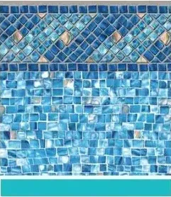 A close up of a blue tile wall with a blue border.