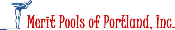 The logo for merit pools of portland inc.