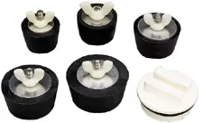 A group of rubber plugs with butterfly wings on them on a white background.