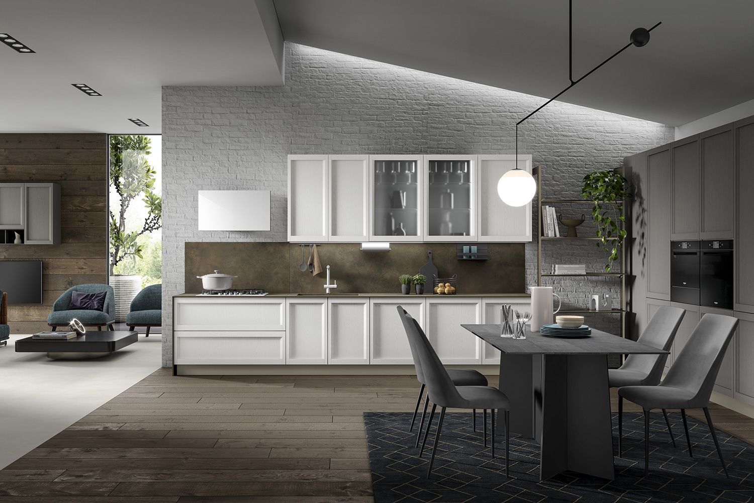 Cucina moderna Made in Italy con isola in pietra chiara