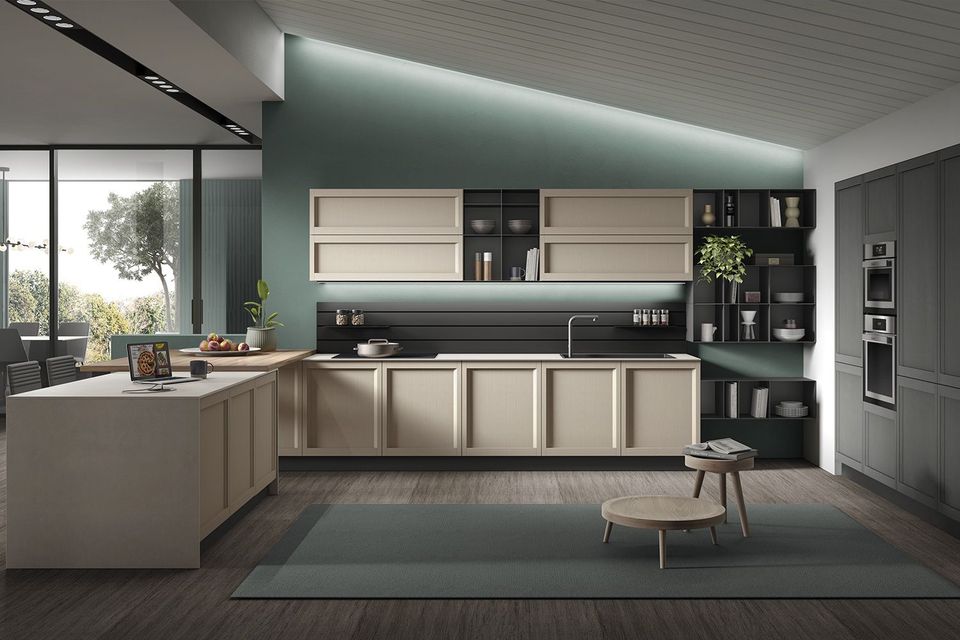 Dettaglio finiture cucina, anta tortora e piano materico