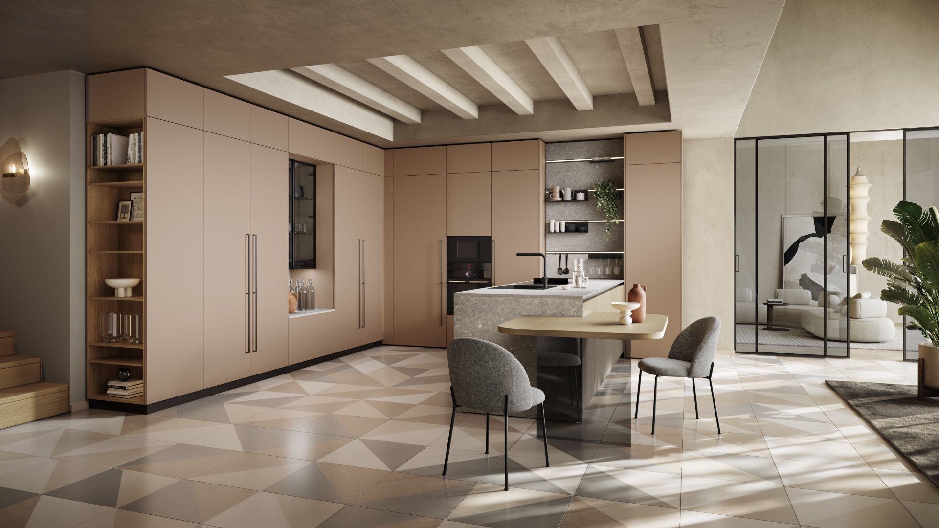 Cucina moderna Made in Italy con isola in pietra chiara