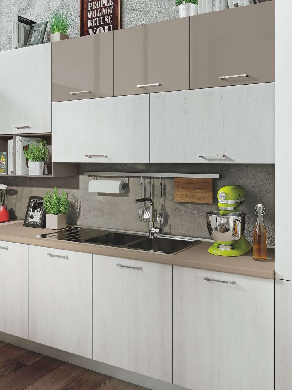 Cucina contemporanea serale con isola e illuminazione calda