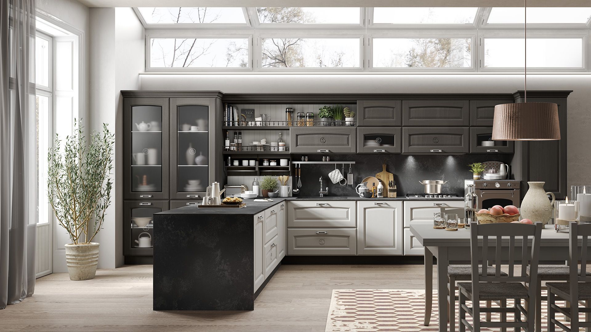Cucina moderna Made in Italy con isola in pietra chiara