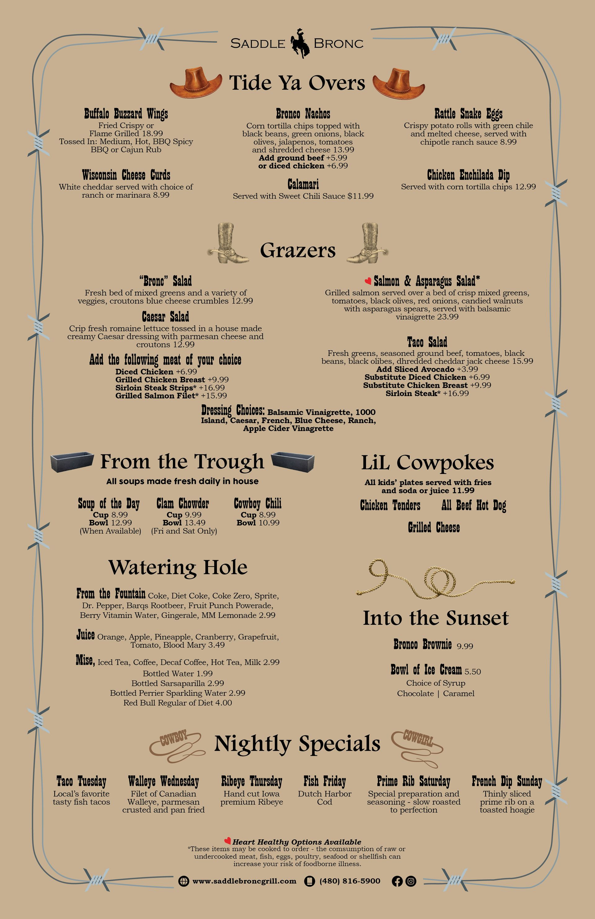 Western-themed menu with various food and drink sections.