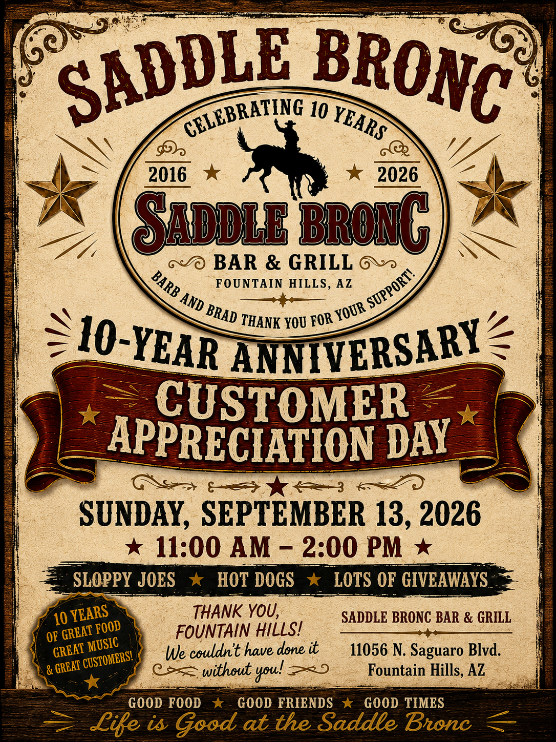 Poster for a customer appreciation hog roast at Saddle Bronc Grill in Fountain Hills, AZ, on Sept. 7th.