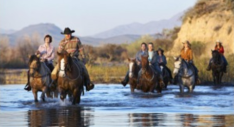 People riding horses through water, scenic landscape.