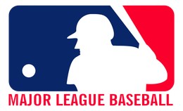 MLB logo: silhouette batter, baseball, bat, white on blue and red, with 