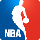 NBA logo: White silhouette of a basketball player dribbling on blue and red background.