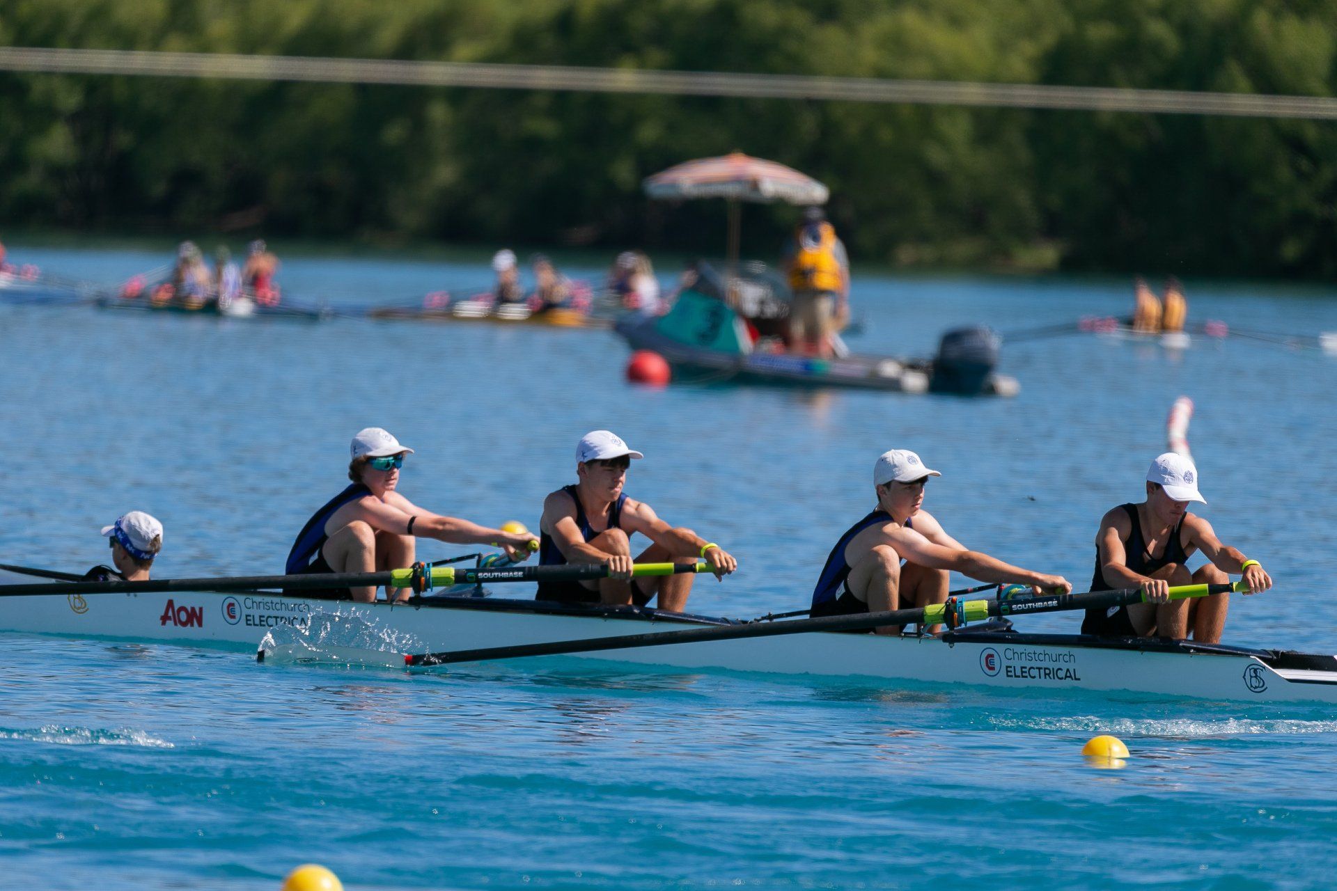 Christchurch Boys Rowing Team in Christchurch Electrical sponsored boat