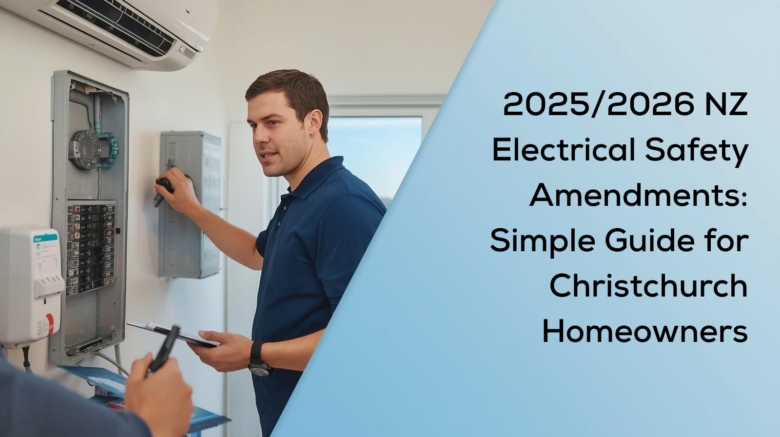 Electrician by switchboard.  Hand holding a pen above a clipboard.