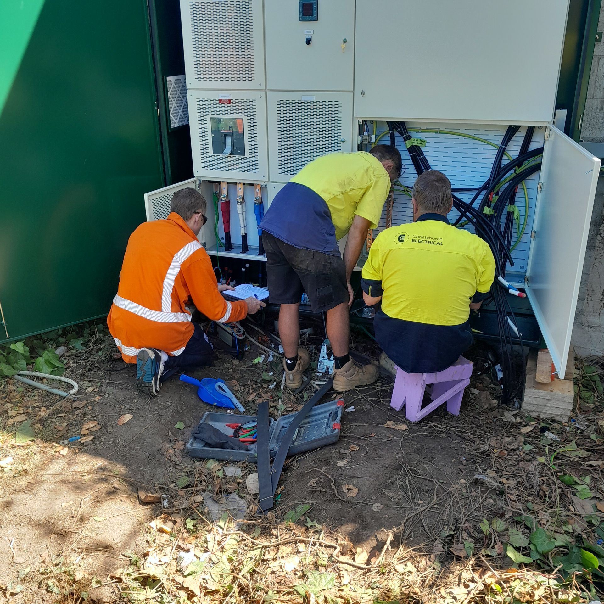 Electricians from Christchurch Electrical working on switchboard replacement.