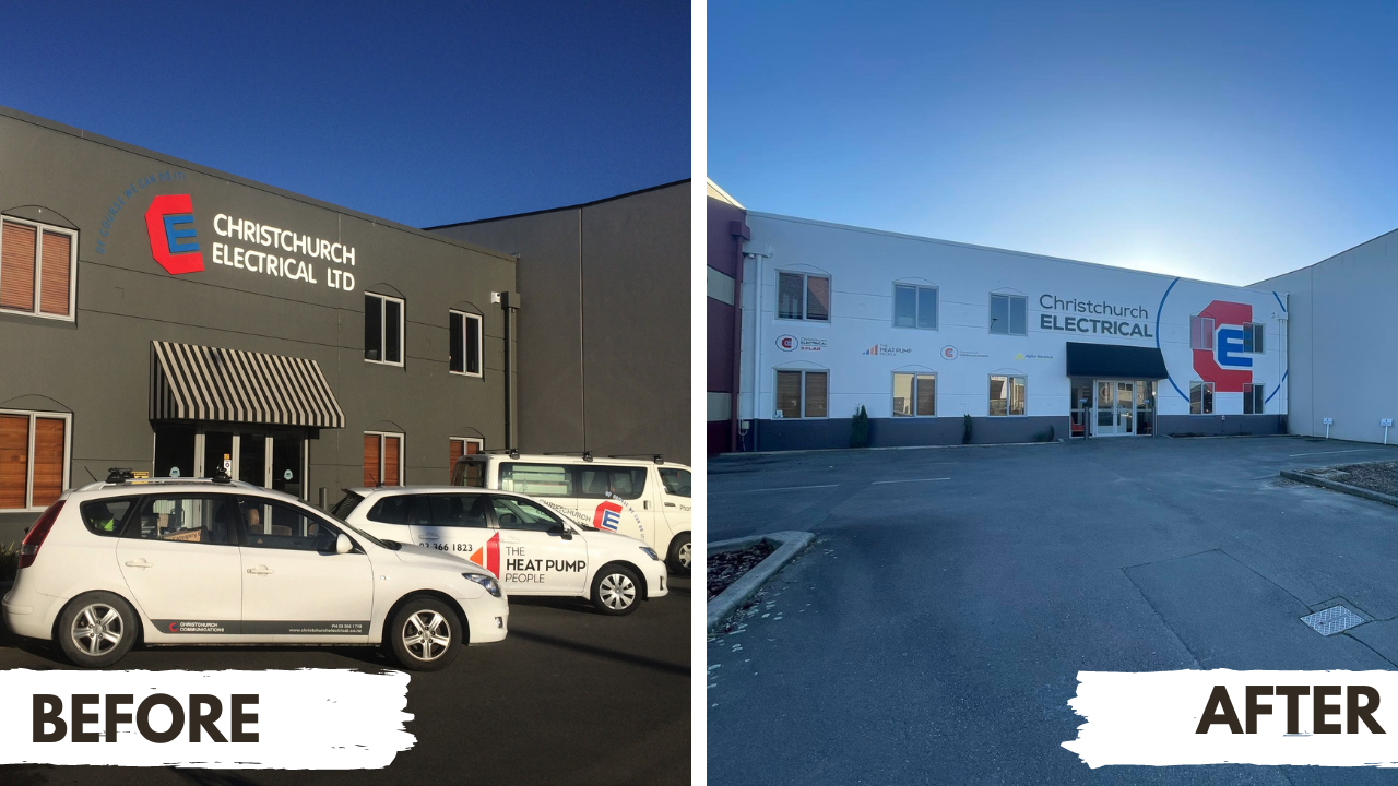 Before and after images of Christchurch Electrical's offices at 53a Montreal Street, Sydenham, Christchurch.