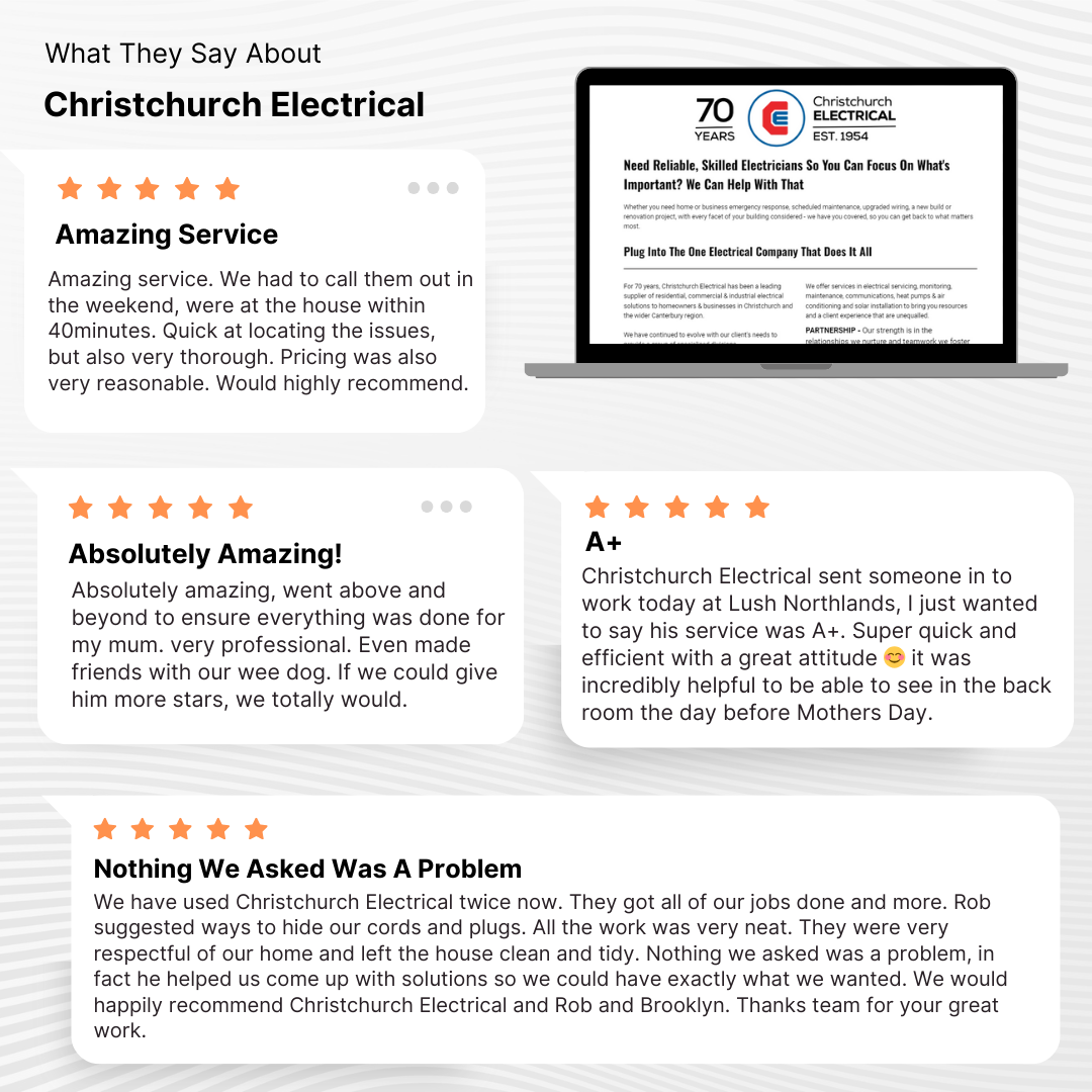 Image of a laptop and a number of 5 star Google reviews for Christchurch Electrical.