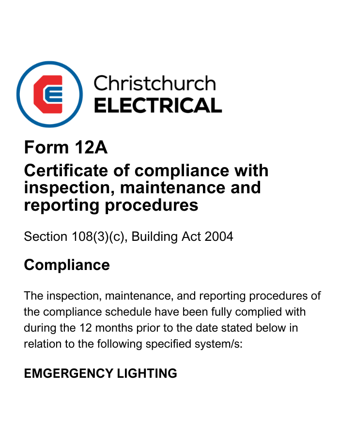 Example form 12a from Christchurch Electrical for BWOF.