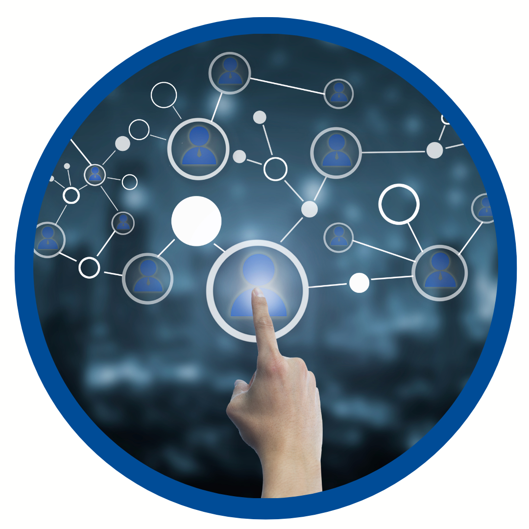 Person touching a digital screen displaying icons of linked people.